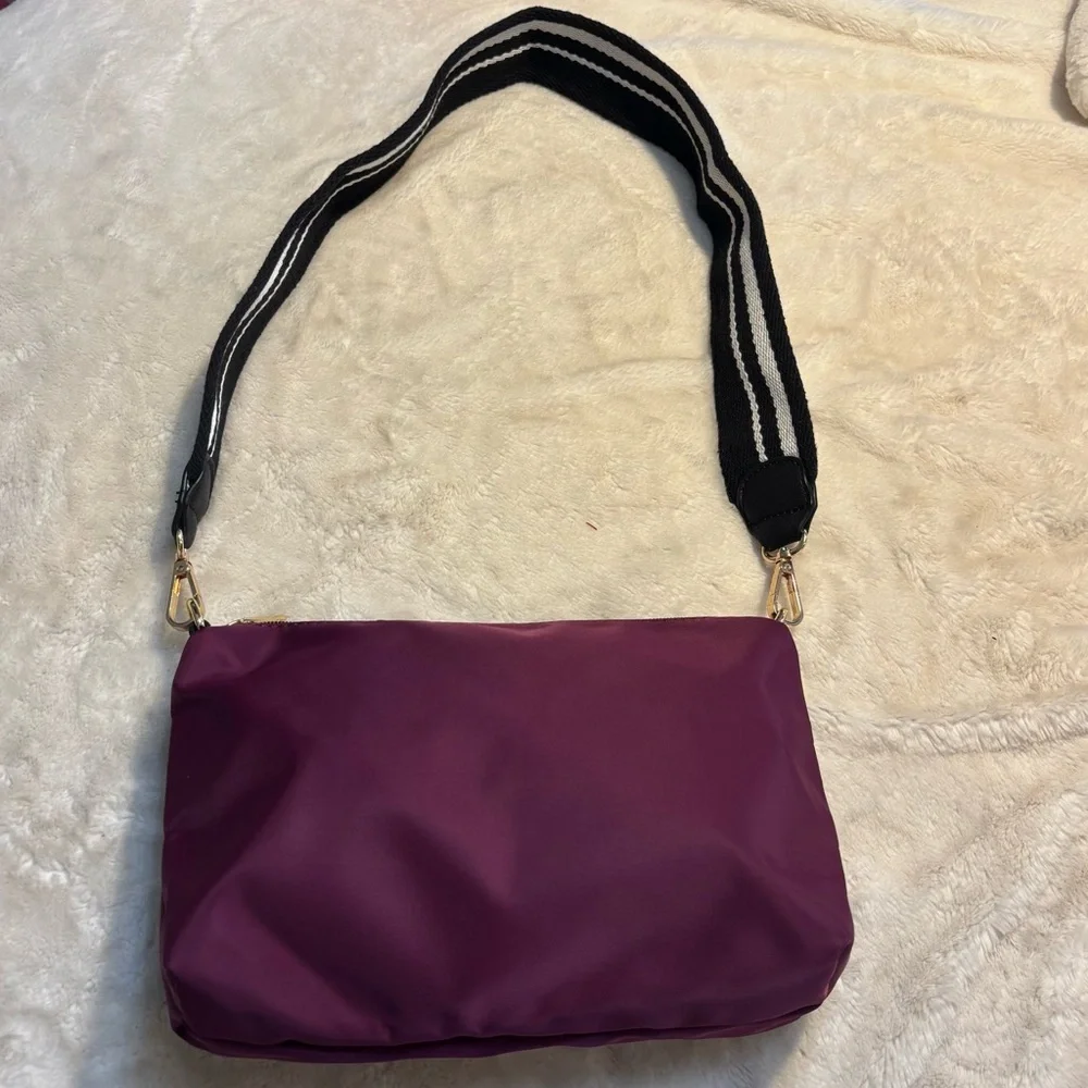 Nylon Crossbody Bag Purple Black White Striped Strap Gold-tone Hardware Zip Top